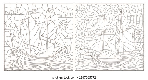 Set contour illustrations of stained glass, seascape, ships sailing on the background of the cloudy sky and the sun, dark contours on white background