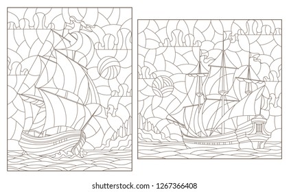 Set contour illustrations of stained glass, seascape, ships sailing on the background of the cloudy sky and the sun, dark contours on white background