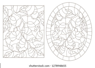 Set of contour illustrations of stained glass Windows with lemon leaves and fruit branches, round and rectangular image