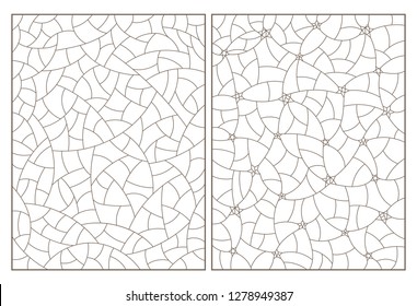 Set of contour illustrations of stained glass with abstract background images, dark contours on white background