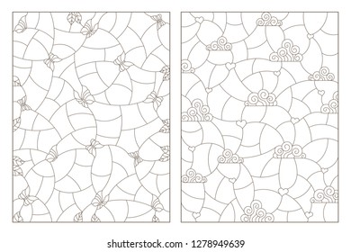 Set of contour illustrations of stained glass Windows with backgrounds, butterflies and clouds with hearts, dark contours on a white background