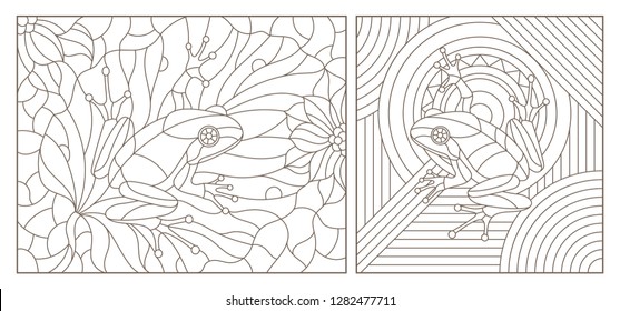 Set Of Contour Illustrations Of Stained Glass Windows With Frogs, Dark Contours On A White Background