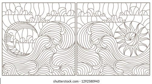 Set contour illustrations in stained glass style abstract landscape,  the sun and the moon in the sky and the sea ,  white background