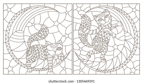 Set of contour illustrations of stained glass with cartoon funny cats on the moon, dark contours on a white background