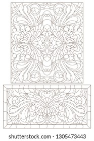 Set of contour illustrations of stained glass Windows with butterflies and flowers, dark contours on a white background