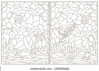 Set of contour illustrations of stained glass Windows with wild bull and moose on a background of forest landscape, dark contours on a white background