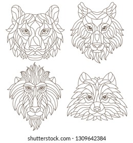 Set of contour illustrations of stained glass Windows with animal heads, tiger, wolf, monkey and raccoon