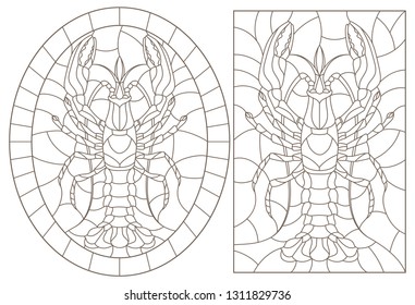 Set of contour illustrations of stained glass Windows with crayfish, dark contours on a white background