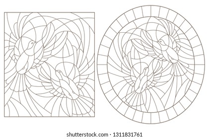 Set contour illustrations of the stained glass Windows with doves, dark outlines on white background, rectangular and oval images