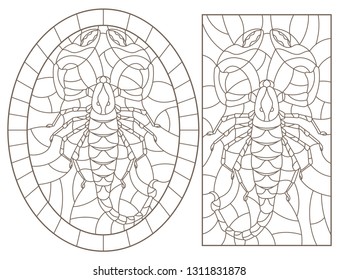 Set of contour illustrations of stained glass Windows with Scorpion , dark contours on a white background