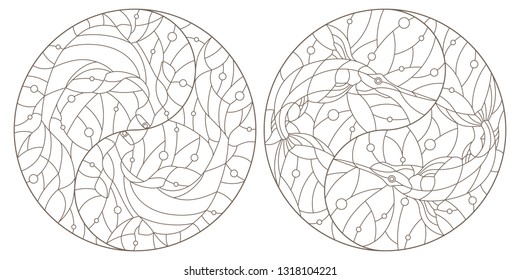 Set of contour illustrations of stained glass Windows with fish in the sign Yin Yang, fish hammer and fish sword, dark contours on a white background