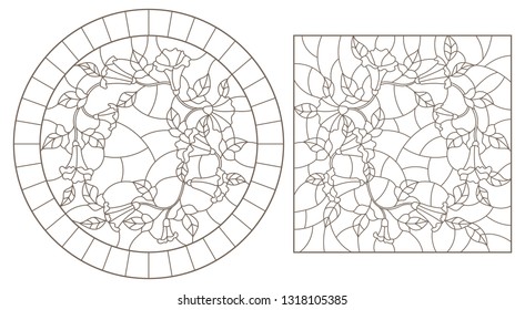 Set of contour illustrations of stained glass Windows with curly colors, round and rectangular image, dark contours on a white background