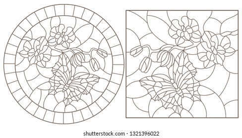 A set of contour illustrations of stained glass Windows with butterflies and orchids, round and rectangular images