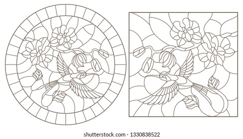 A set of contour illustrations of stained glass Windows with hummingbirds and orchids, round and rectangular images