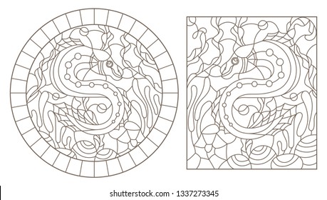 Set of contour illustrations of stained glass Windows with fishes on the background of the seabed and algae, dark contours on a white background