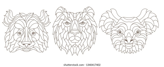 Set of contour illustrations of stained glass Windows with animal heads, Panda, Koala and brown bear, dark contours on white background