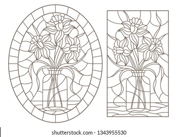 A set of contour illustrations of stained glass Windows with floral still lifes, dark contours on a white background