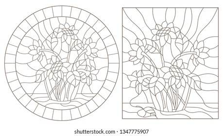 Set contour illustrations of the stained glass bouquets of  sunflowers in a vase, dark outlines on white background
