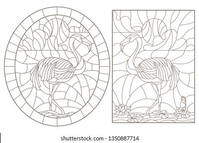 Set contour illustrations of stained glass with flamingos  on a pond on a background sky and sun, dark contours on a white background