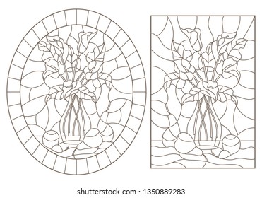 Set of contour illustrations of stained glass Windows with still lifes, bouquets of Callas and pears, dark contours on a white background