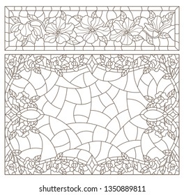 Set contour illustrations of stained glass with abstract swirls and flowers , horizontal orientation