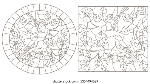 Set of contour illustrations in stained glass style with birds on the branches of a flowering plant, dark contours on a white background