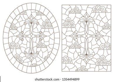 A set of contour illustrations in stained glass style with Christian crosses on a cloudy sky background , dark contours on a white background