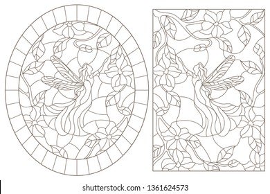 A set of contour illustrations of stained glass Windows with fairies on a background of colors , dark contours on a white background
