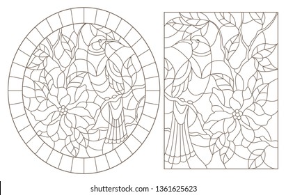 A set of contour illustrations of stained glass Windows with birds and flowers, dark contours on a white background