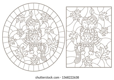 Set of contour illustrations of stained glass with funny cats on leaves , dark contours on white background