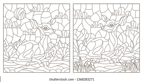 Set of contour illustrations of stained glass Windows with fawns on the background of landscapes, dark contours on a white background
