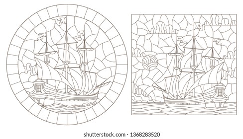 A set of contour illustrations of stained glass Windows with old sailing ships, dark contours on a white background