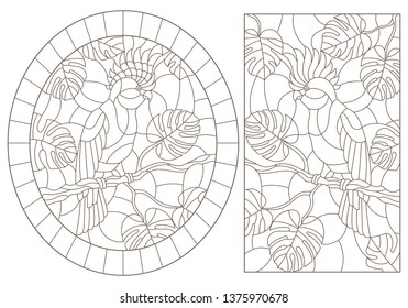 A set of contour illustrations of stained glass Windows with cockatoos parrots sitting on the branches of tropical trees, dark contours on a white background