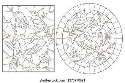 A set of contour illustrations of stained glass Windows with bullfinches sitting on the branches of snow-covered mountain ash, dark contours on a white background