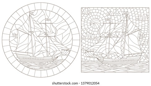 A set of contour illustrations of stained glass Windows with old sailing ships, dark contours on a white background