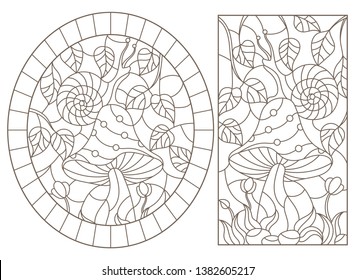 Set contour illustrations in the stained glass style snail on mushroom, dark outline on a white background