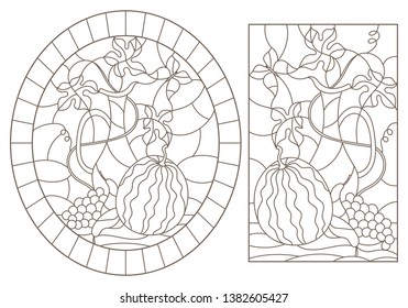 Set of contour illustrations of stained glass Windows with still lifes, jug and fruit, dark contours on a white background