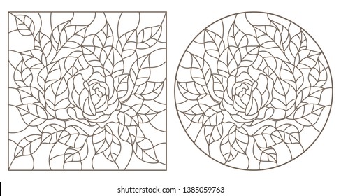 Set of contour illustrations of stained glass Windows with flowers, roses and leaves , dark contours on white background