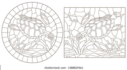 Set of contour illustrations of stained glass Windows with turtles on the background of the seabed, dark contours on a white background