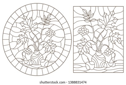 Set contour illustrations of stained glass with autumn still life, tree branches in vases and fruit
