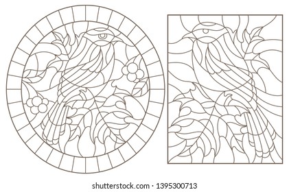A set of contour illustrations of stained glass Windows with birds on a background of leaves and berries, dark contours on a white background