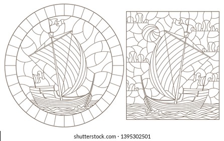A set of contour illustrations of stained glass Windows with old sailing ships, dark contours on a white background