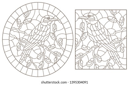 A set of contour illustrations of stained glass Windows with birds on a background of leaves and berries, dark contours on a white background