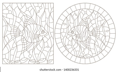 Set of contour illustrations of stained glass Windows with angelfish fishes on the background of the seabed and algae, dark contours on a white background