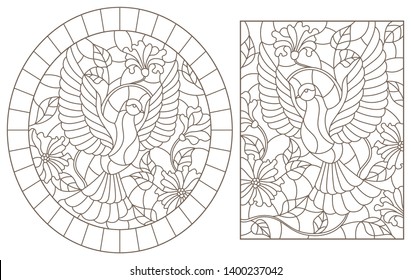 A set of contour illustrations of stained glass Windows with flying pigeons on a background of colors, dark contours on a white background