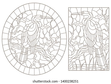 Set of contour illustrations of stained glass Windows with herons on a branch, dark contours on a white background