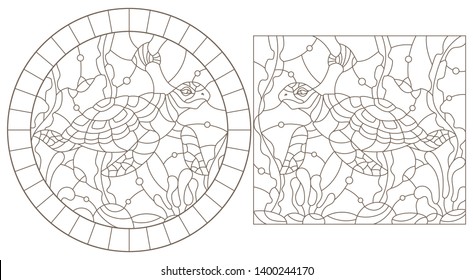 Set of contour illustrations of stained glass Windows with turtles on the background of the seabed, dark contours on a white background