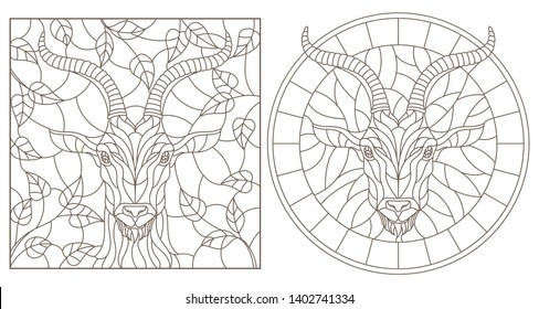 A set of contour illustrations of stained glass Windows with a goat's head, round and rectangular image, dark contours on a white background