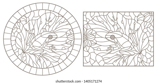 Set of contour illustrations of stained glass Windows with frogs on plants, dark contours on a light background