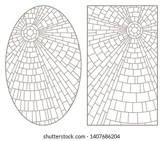 Set of contour illustrations in stained glass style with abstract celestial landscapes, dark contours on white background